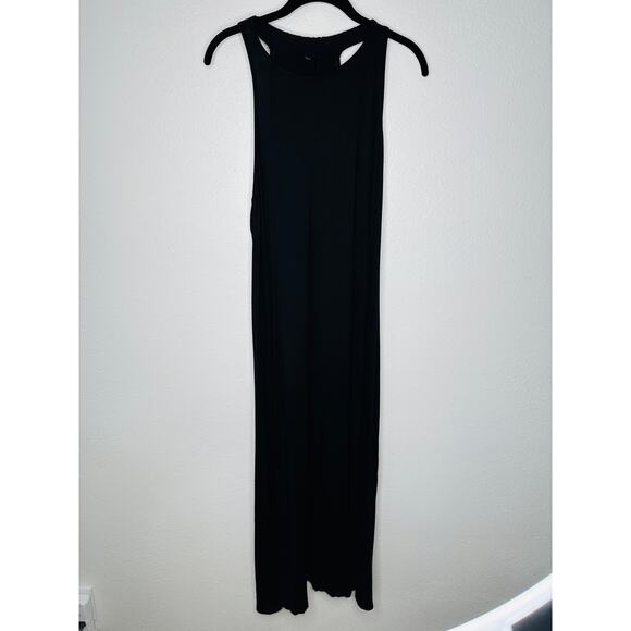 Black High Neck Plunging Sides Sleeveless Gathered Flowy Back Maxi Dress M - Picture 2 of 12